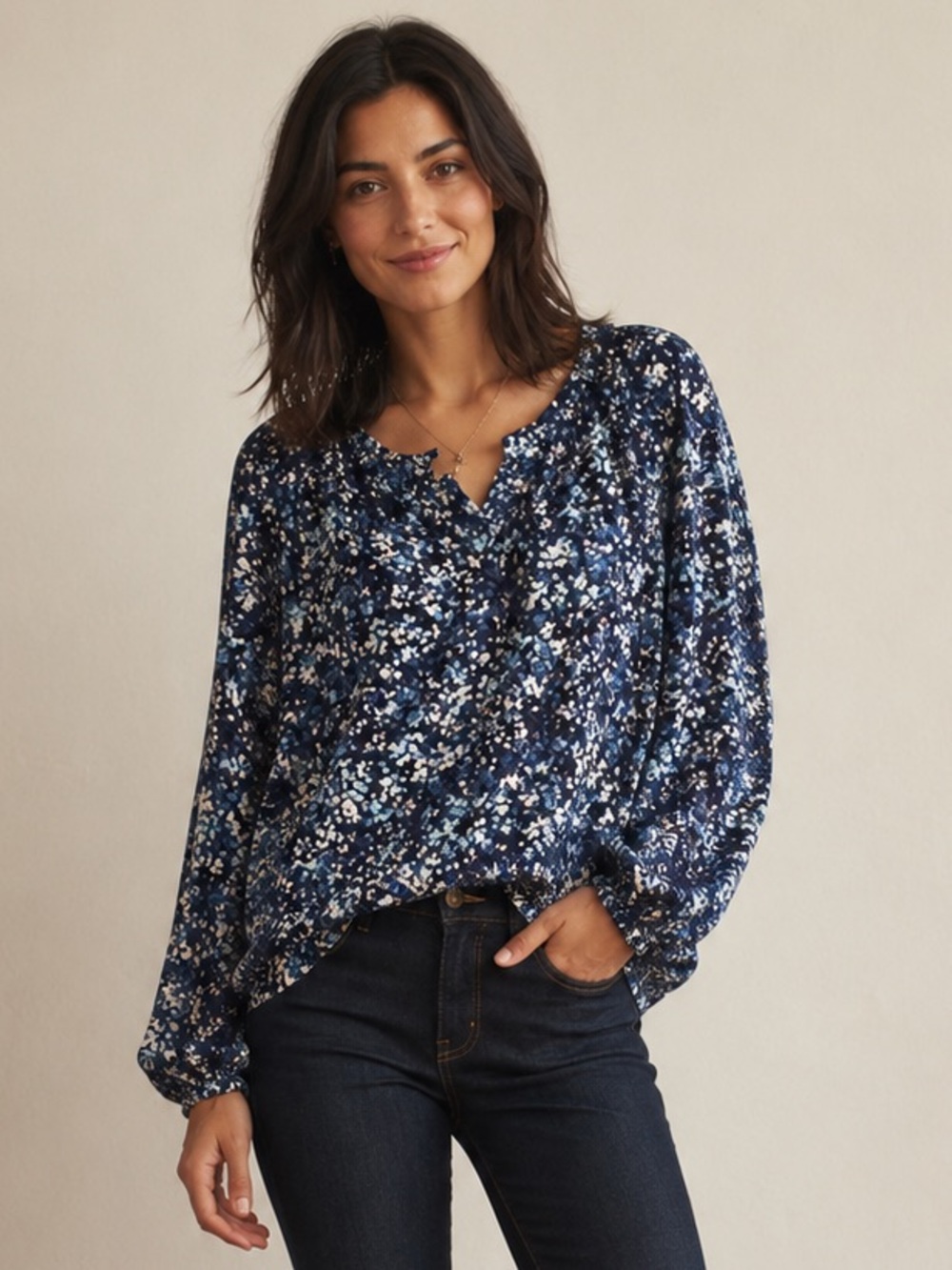 Jessica Simpson Blue Floral Blouse Women’s Size Small Long Sleeve
